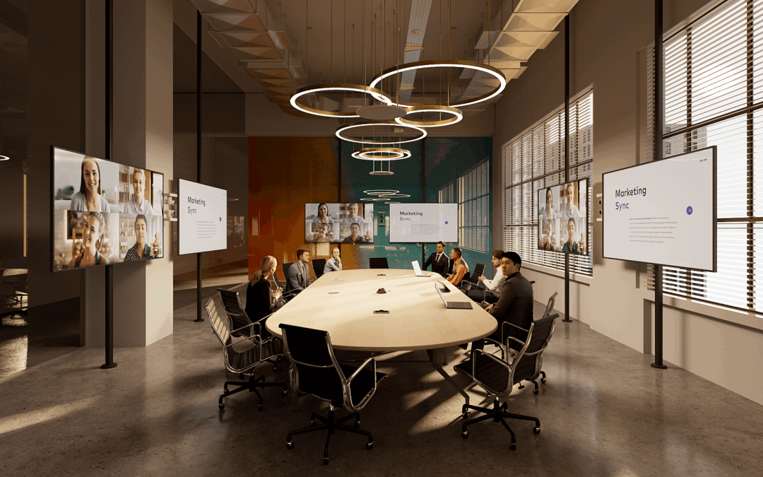 large conference room with multiple display screens