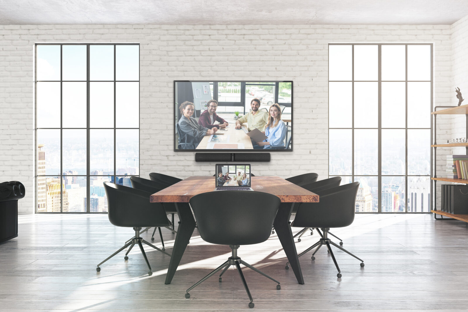 empty conference room with video call on screen